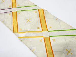 アンティーク　斜め格子に若松・花模様織り出し袋帯（着用可）